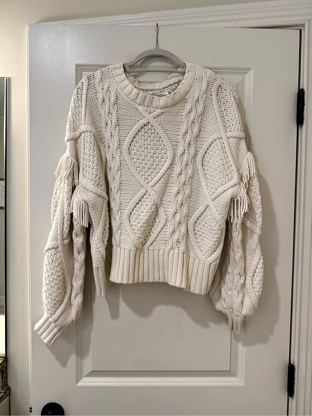 Line and Dot Cable Knit Fringe Sweater